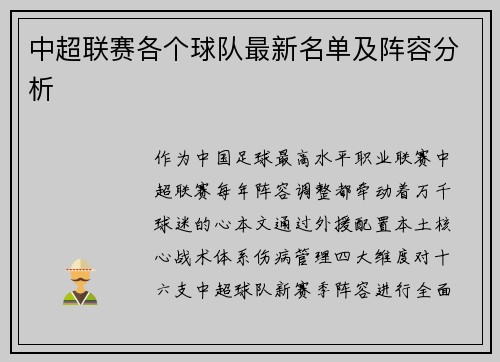 中超联赛各个球队最新名单及阵容分析